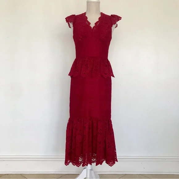 chinese dress ladies Elegant Cherry Red Lace Midi Dress
